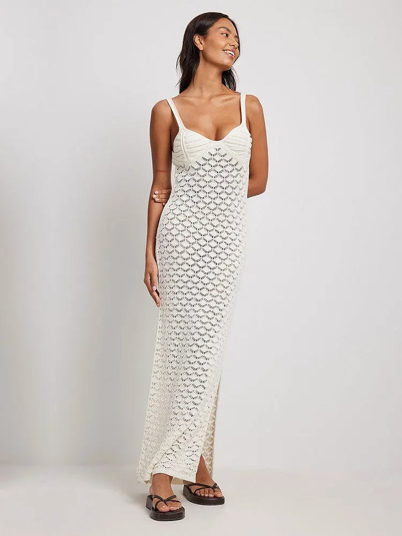 Sexy V-Neck Strap Hollow Out Knitted Slit White Hook Flower Beach Party Maxi Dress 2025 Summer Woman Beachwear Cover-Ups A2578