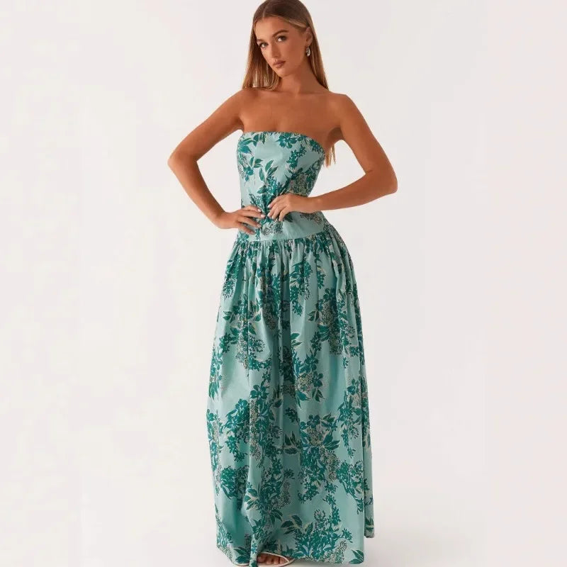 Summer Fashion and Leisure Shoulderless Skirt, New Sexy Hot Girl Commuting Sleeveless Hot Girl Printed Long Dress for Women 2025